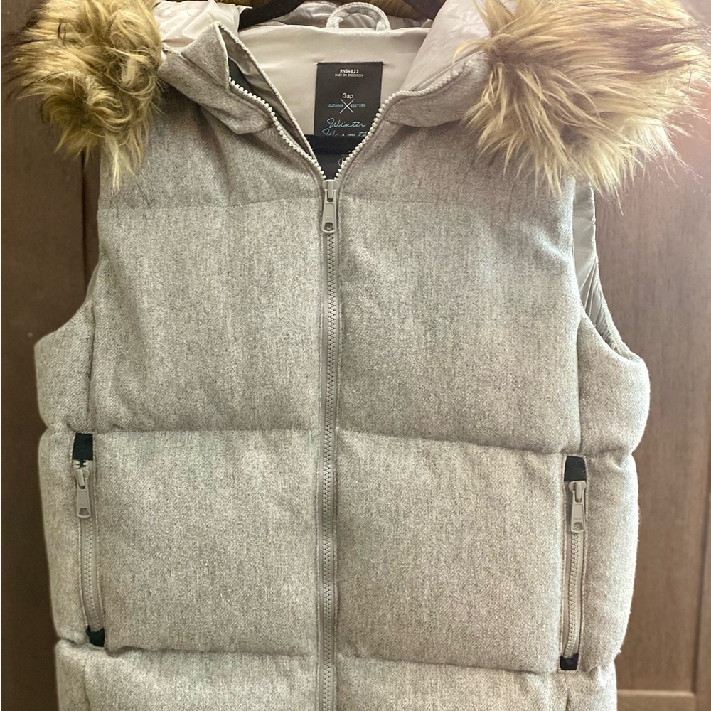 GAP Gray Puffer Vest with Faux Fur Hood